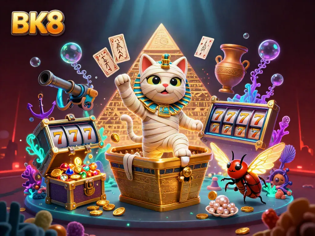 Experience the thrill of BK8 with a vibrant casino scene featuring a mummy cat and shimmering treasures.