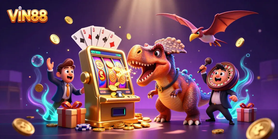 VIN88 slots experience: A pachycephalosaurus jackpot moment with flying coins and casino excitement.