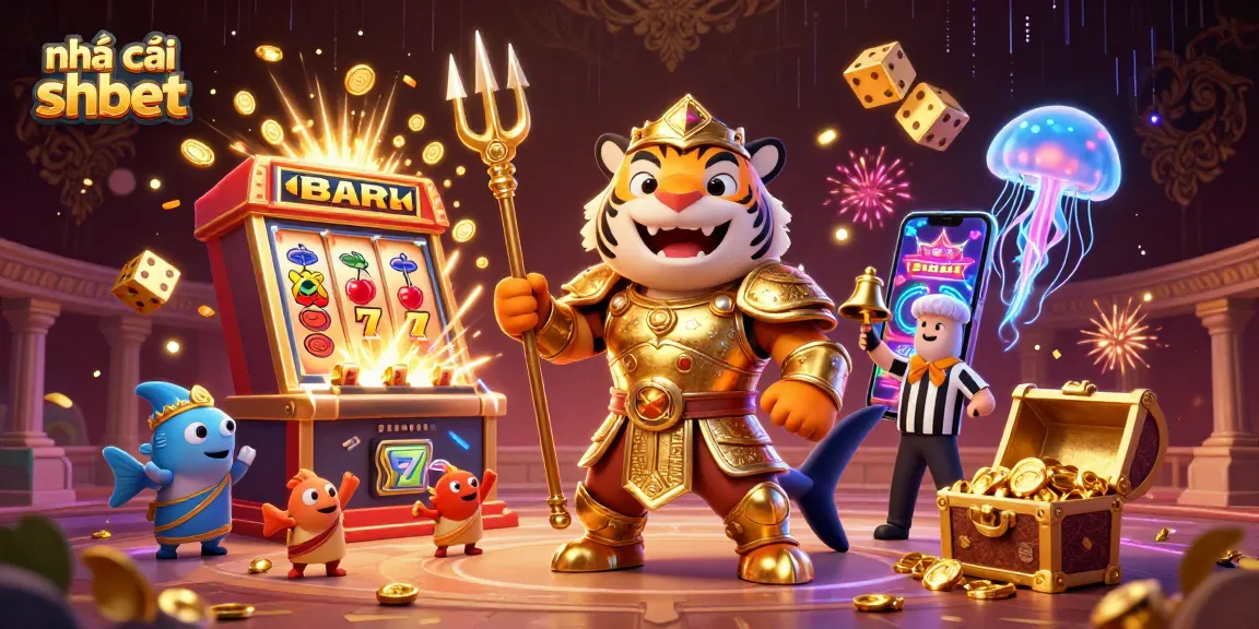 Engage with thrilling action at nhà cái shbet, featuring a tiger shark gladiator and dynamic casino symbols.