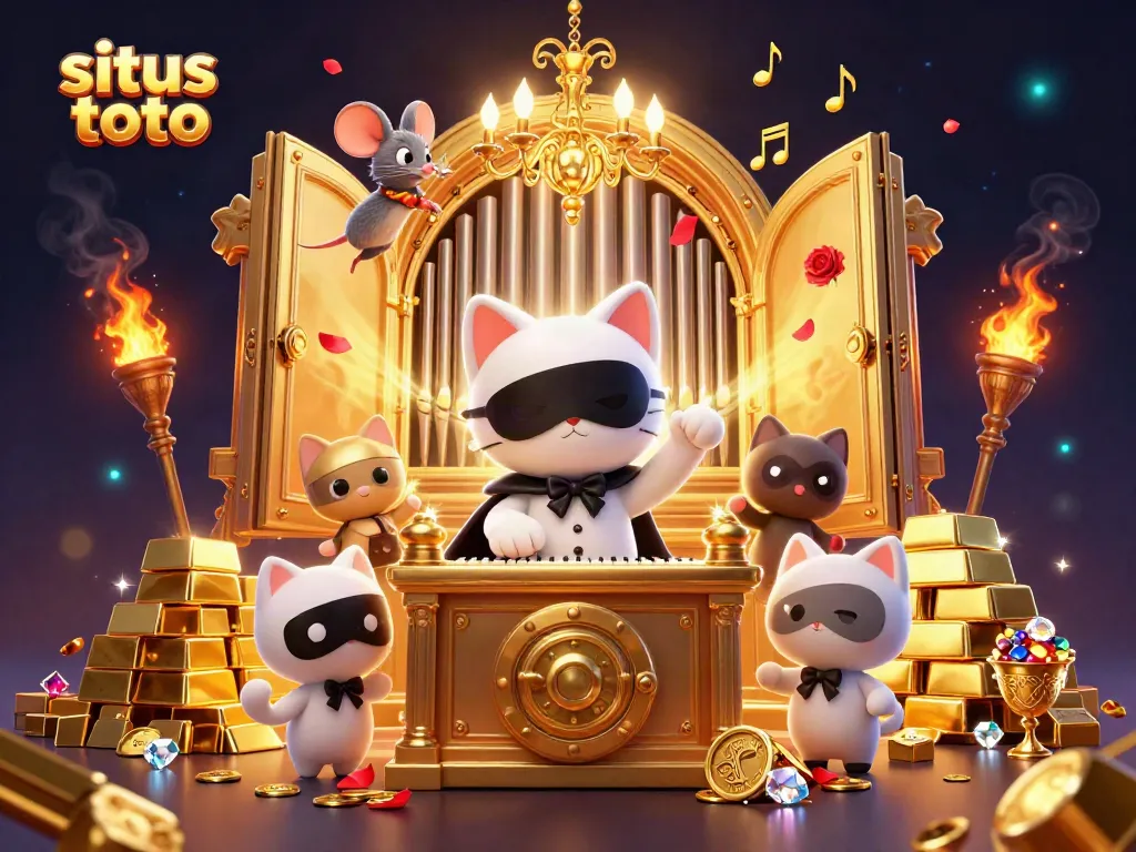 Experience the thrill of situs toto with a vibrant casino scene featuring rich gems, gold, and whimsical characters.