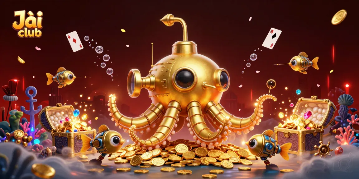 Jai club gaming platform features a golden kraken submarine amidst gold coins and casino games.