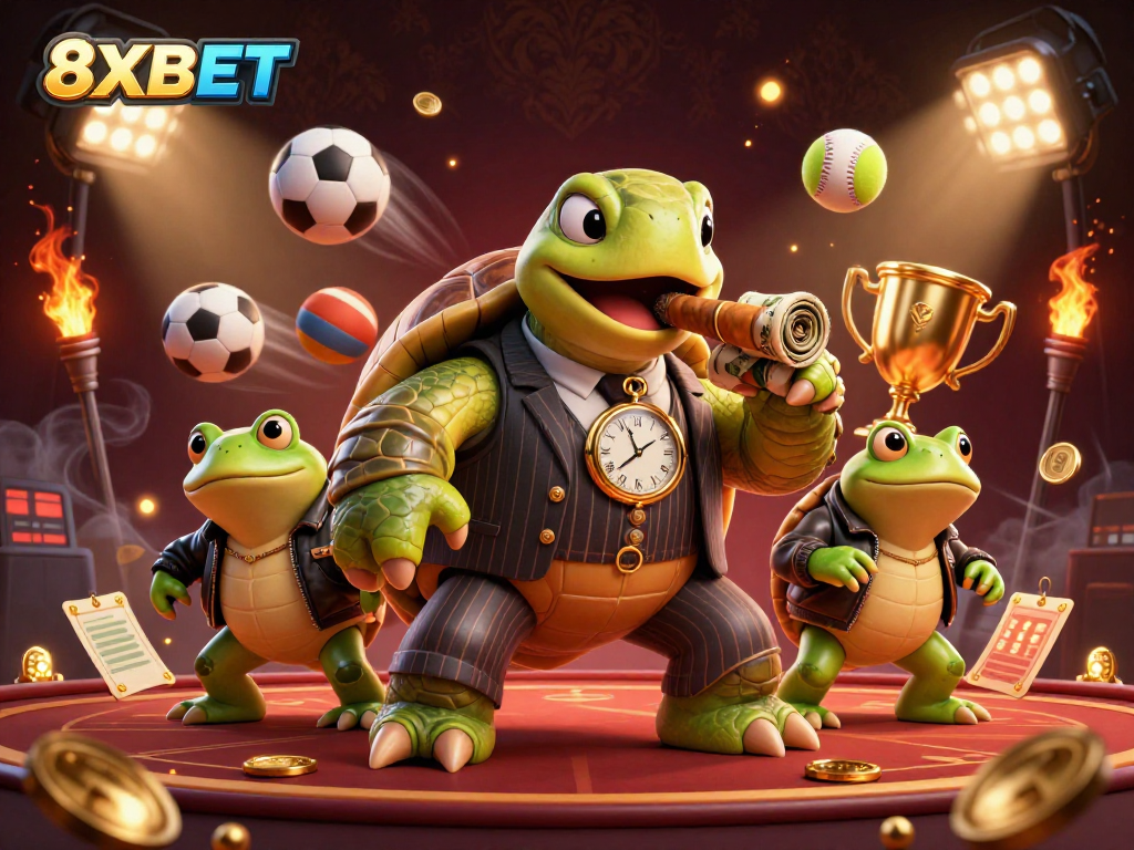 Experience thrilling gameplay at 8XBET with a vibrant casino scene featuring animated characters and dynamic sports elements.