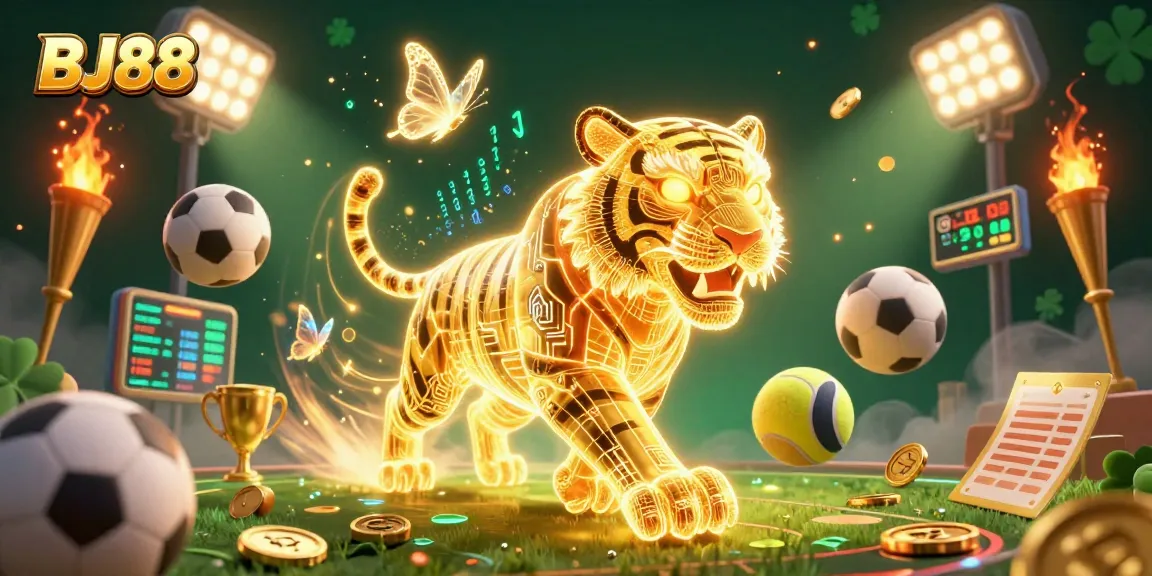 Experience BJ88 in a dynamic casino scene with neon-tiger energy and sports betting excitement.