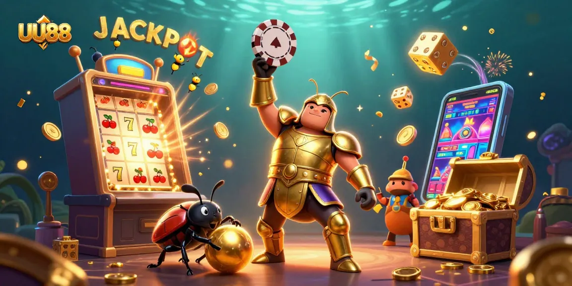Experience the thrill of UU88 with a cartoon beetle in golden armor celebrating a jackpot moment.