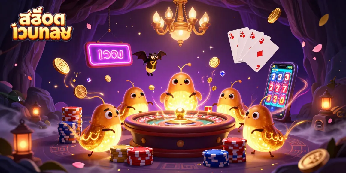 Play สล็อตเว็บตรง at a cave casino lit by glowworms, featuring immersive gaming elements.