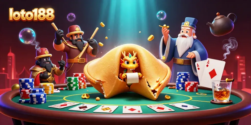 Engage with loto188's vibrant casino world featuring golden fortune cookies and thrilling poker elements.