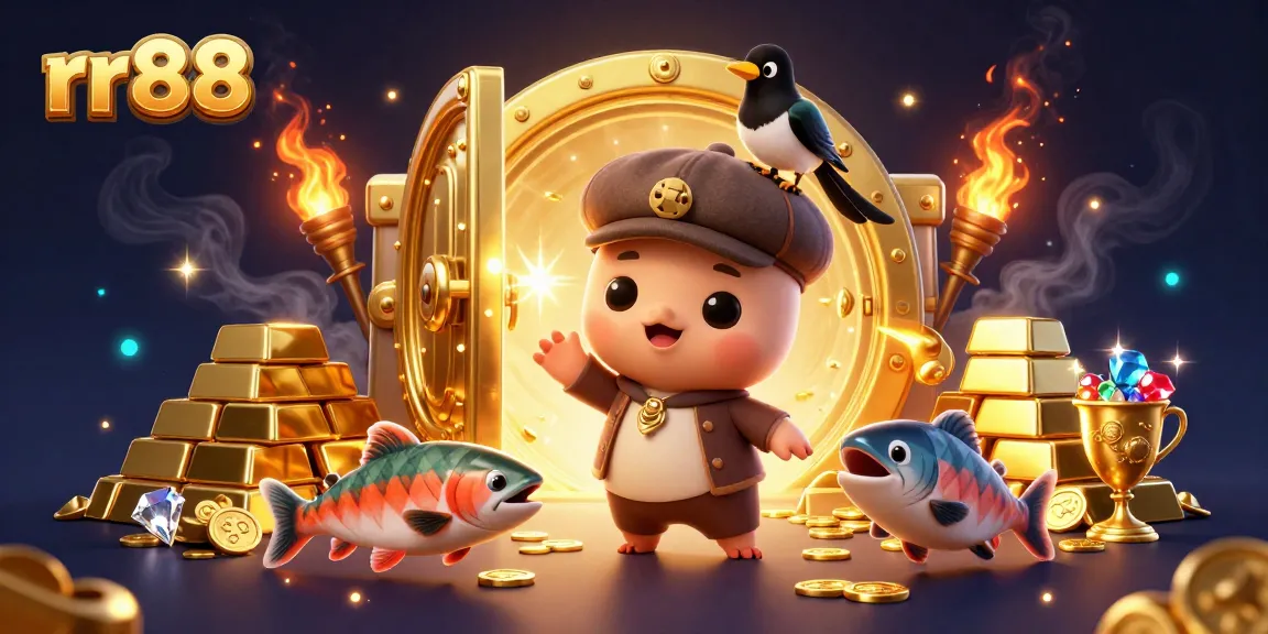 Experience winning opportunities at rr88 with an engaging casino-themed illustration, featuring playful characters and treasure.