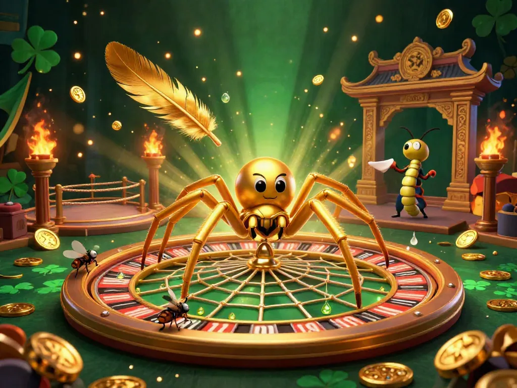 Experience thrilling bets at Hitclub's roulette wheel spun by a golden spider in an engaging casino scene.