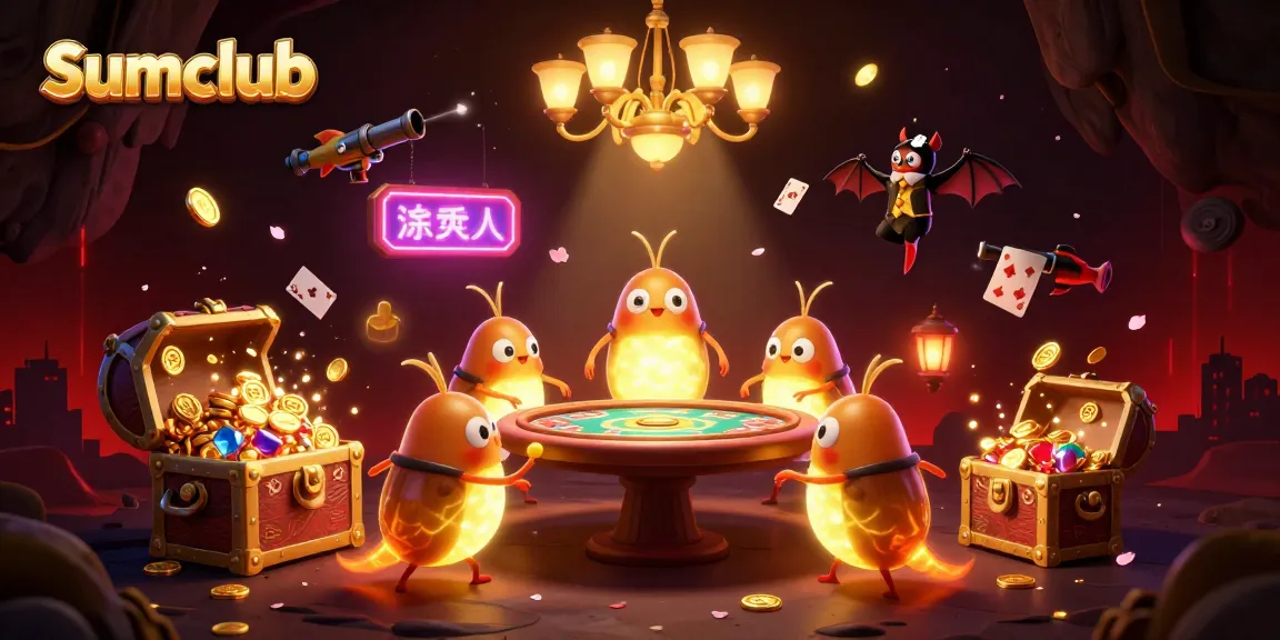 Engage in thrilling gameplay with sumclub's vibrant casino scene illuminated by glowing characters and rich details.