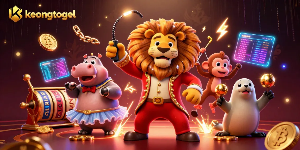 Experience thrilling gameplay at keongtogel with a vibrant circus-themed 3D digital illustration showcasing fun characters and slot reels.
