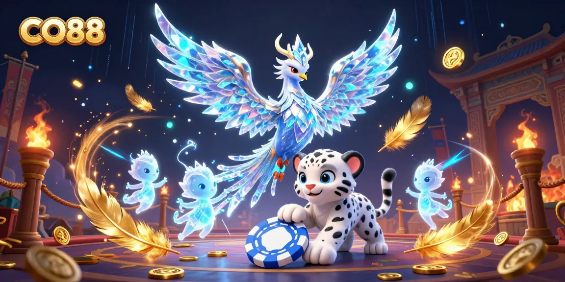 Experience exciting gameplay with CO88, featuring an ice phoenix, a snow leopard, and playful ice sprites.