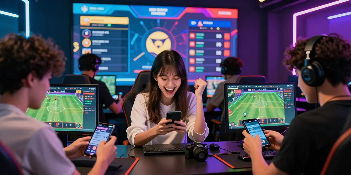 Excited players celebrate wins while using Playinexch betting on mobile devices in a vibrant online gaming atmosphere.