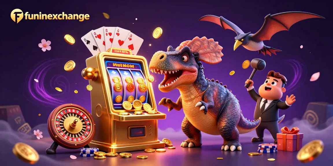 Experience funinexchange with a pachycephalosaurus hitting a slot machine for jackpot coins amidst flying cards and smartphones.