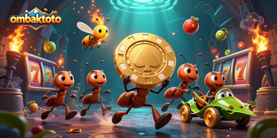 Ombaktoto features a heist by cartoon ants, vibrant slot symbols flying around