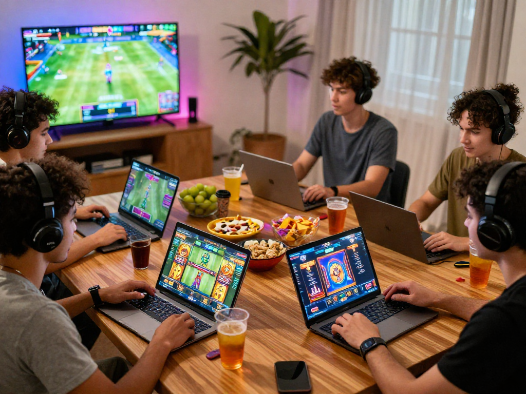 Pawangslot: Pemain beragam menikmati permainan slot online dengan antusias di ruang tamu yang ceria.