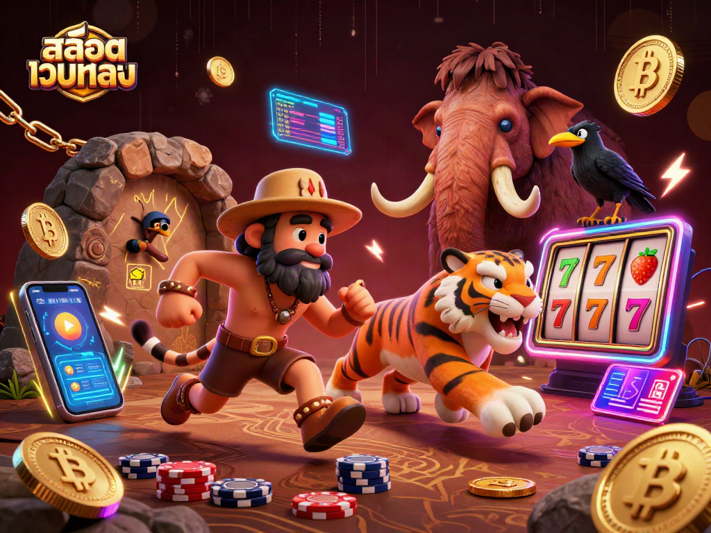 Engage with สล็อตเว็บตรง at a vibrant prehistoric casino filled with crypto elements and dynamic gaming action.