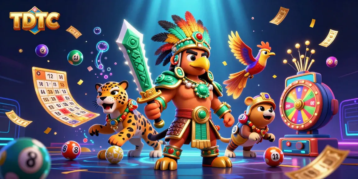 Engage with TDTC lottery excitement, featuring vibrant 3D Aztec warriors in a dynamic scene.