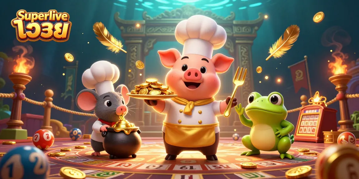 Bet on superlive หวย with vibrant 3D characters and golden coins in a lottery-themed scene.