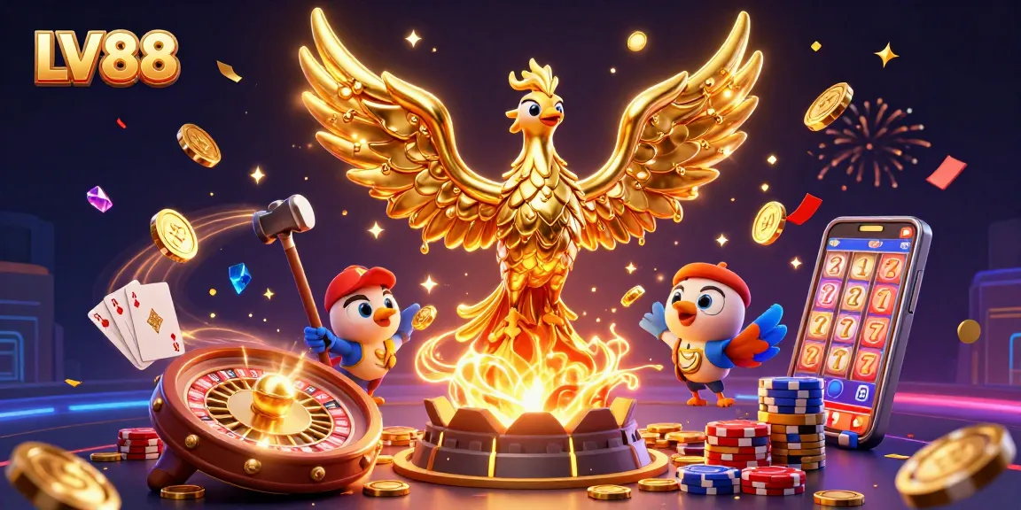 LV88 phoenix casino scene with golden coins, roulette, and celebration effects