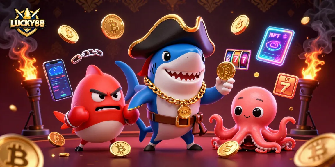 Engage with LUCKY88's vibrant casino scene featuring a cartoon shark, pufferfish, and octopus among crypto coins.