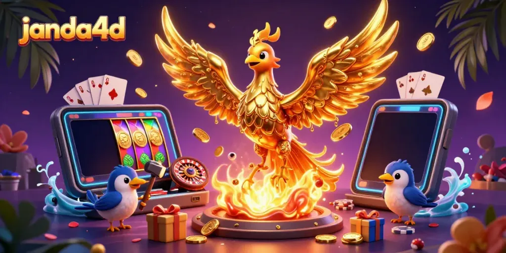 Menang besar di janda4d sambil melihat phoenix emas melayang dan koin berkilau.