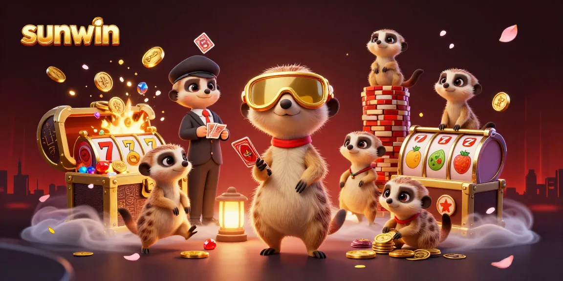 Experience the excitement of sunwin with cartoon meerkats managing a vibrant casino operation and slot elements.