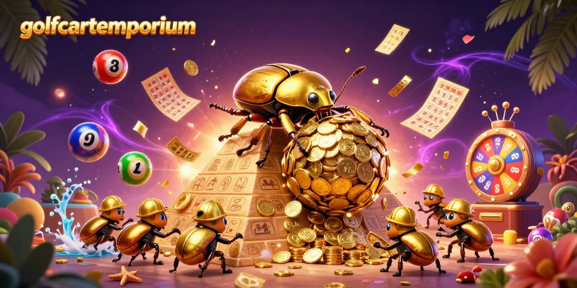 Experience the excitement at golfcartemporium with colorful lottery balls bouncing around a casino pyramid scene.