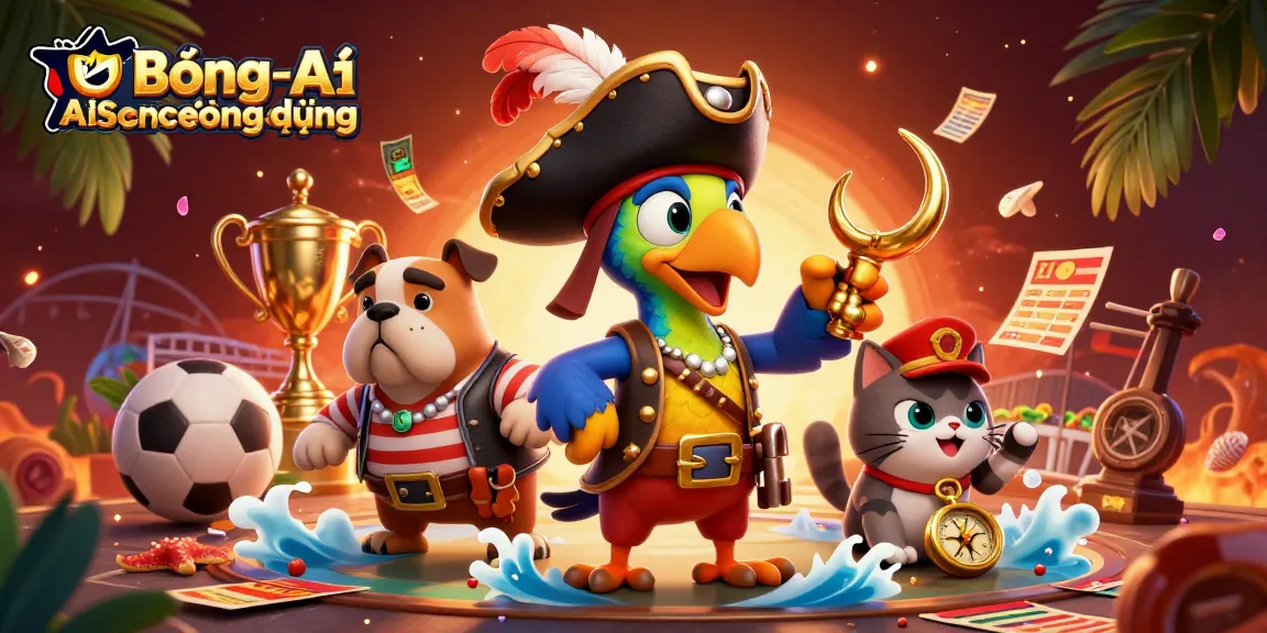 BóngđáAiScoreứngdụng showcases thrilling sports betting action with pirate captain, bulldog, and ship's cat elements.