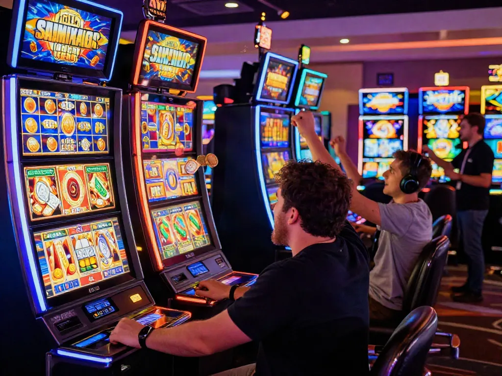 Player celebrating a slot jackpot win with colorful lights in a casino.
