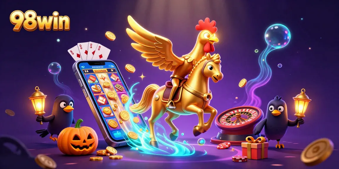 Engage with thrilling 98win gaming action featuring vibrant slots and a captivating casino scene.