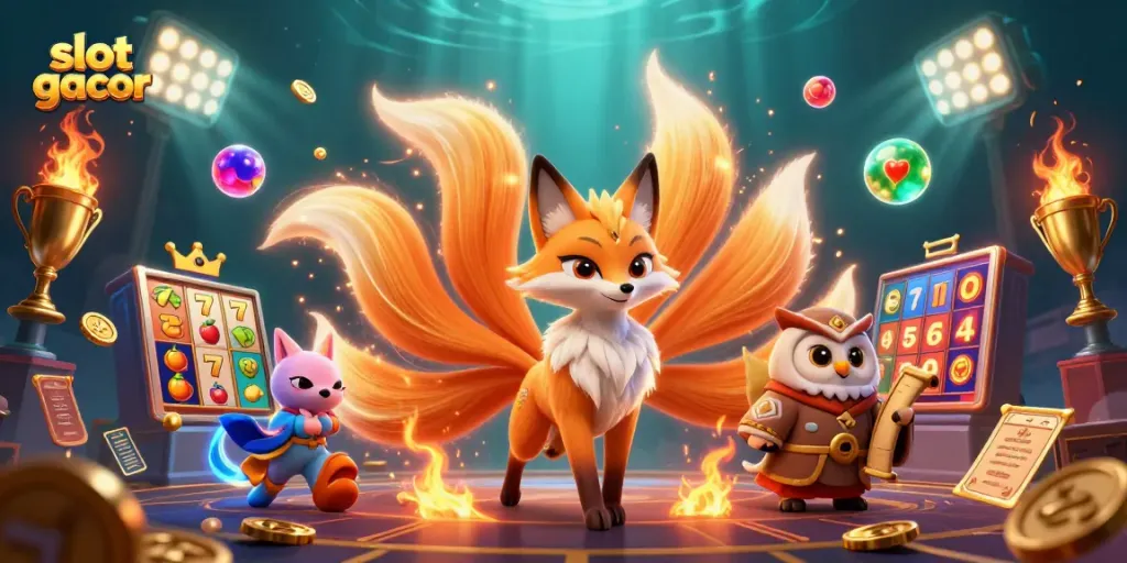 Experience slot gacor action with vibrant characters and dynamic game elements in this immersive illustration.