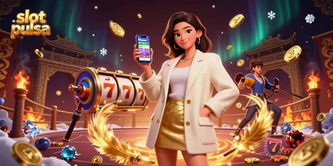 Engage in slot pulsa gaming with a photorealistic woman holding a sports betting app amidst vibrant casino elements.
