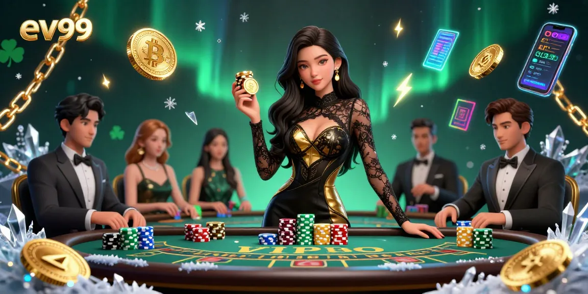 Engage with ev99's thrilling baccarat scene, featuring a confident player surrounded by high-stakes elements and vibrant digital assets.