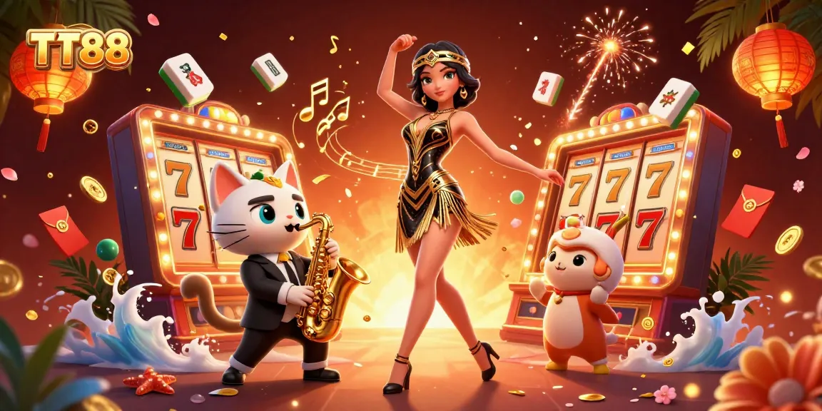 Engage with TT88's exciting slot machines and dynamic casino atmosphere, highlighted by vibrant characters and festive elements.