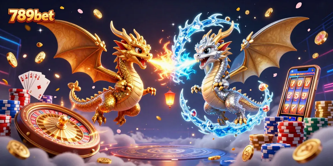 Experience the thrilling adventure of gaming with 789bet as twin dragons unleash fire and ice amidst swirling coins and vibrant casino elements.