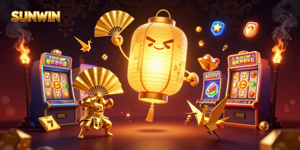 Engage with SUNWIN in a vibrant 3D casino scene featuring golden lanterns and slot machines.