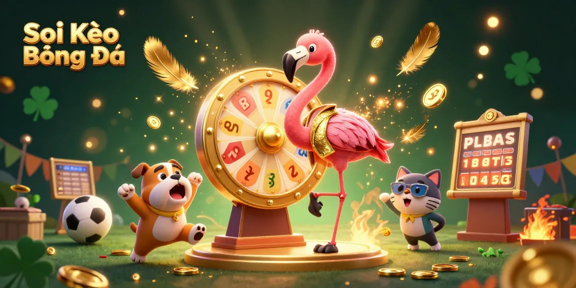 Soi Kèo Bóng Đá - vibrant 3D illustration featuring a flamingo host and bulldog contestant among sports betting elements and vibrant effects