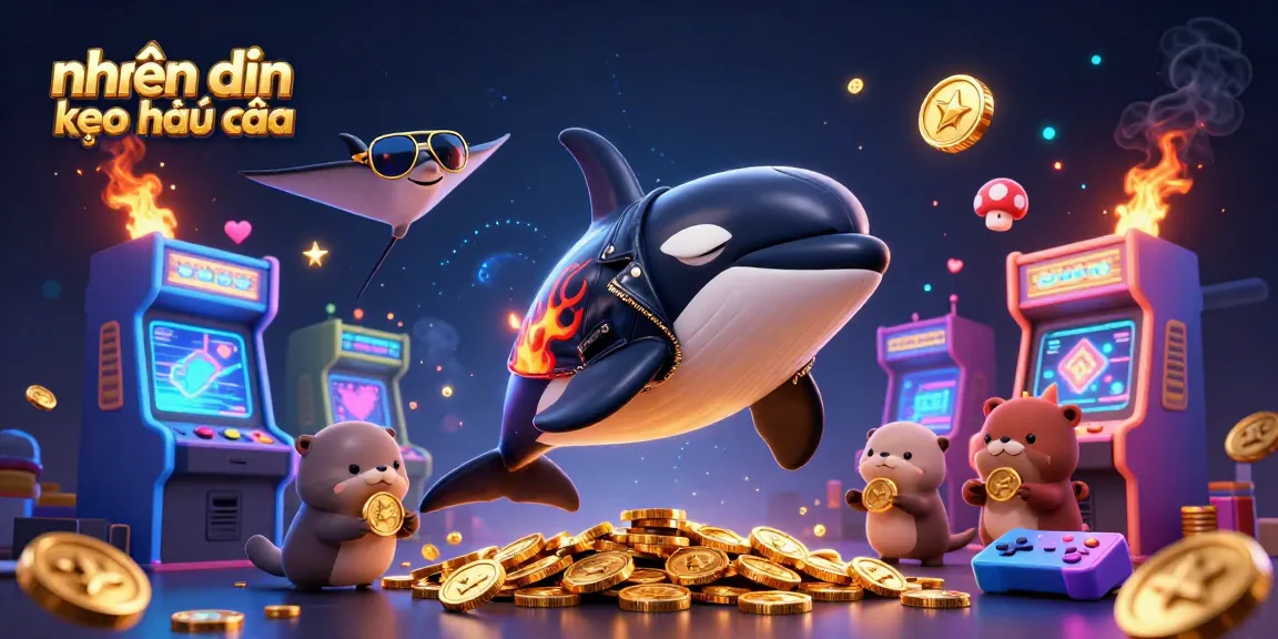 Engage in strategic nhận định kèo nhà cái with animated orca whale and otters amidst vibrant casino elements.