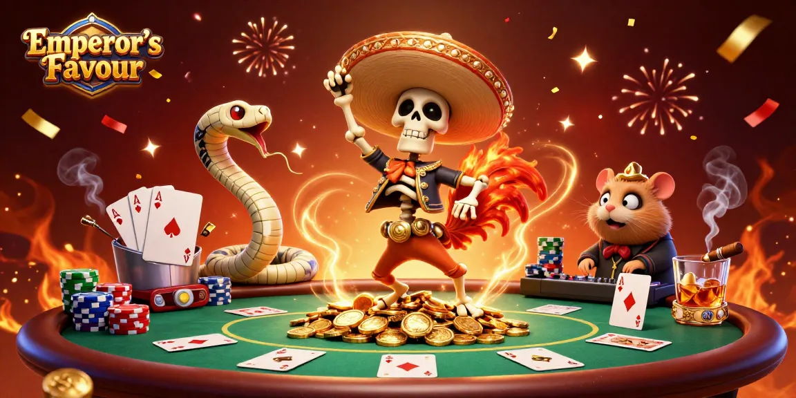 Experience the excitement of the Emperor’s Favour with a vibrant 3D casino celebration scene featuring unique characters.