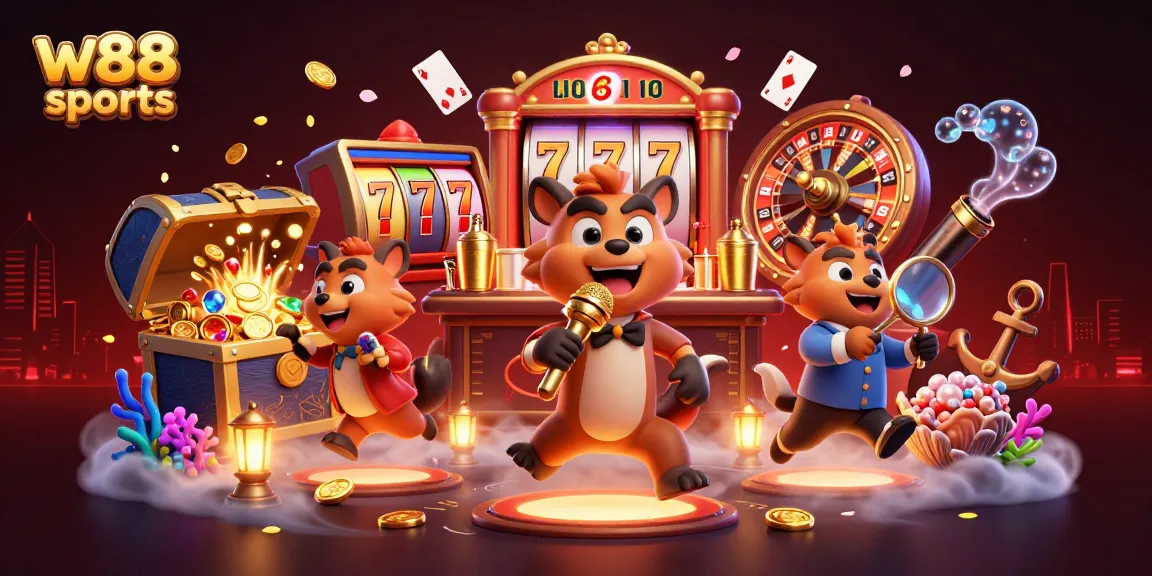 Experience w88 sports with a vibrant 3D scene featuring hyenas in a dynamic casino environment.