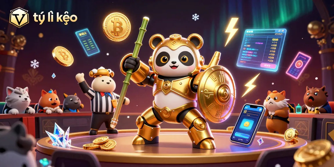Engage with tỷ lệ kèo in a vibrant sports betting scene, showcasing dynamic characters and crypto elements.