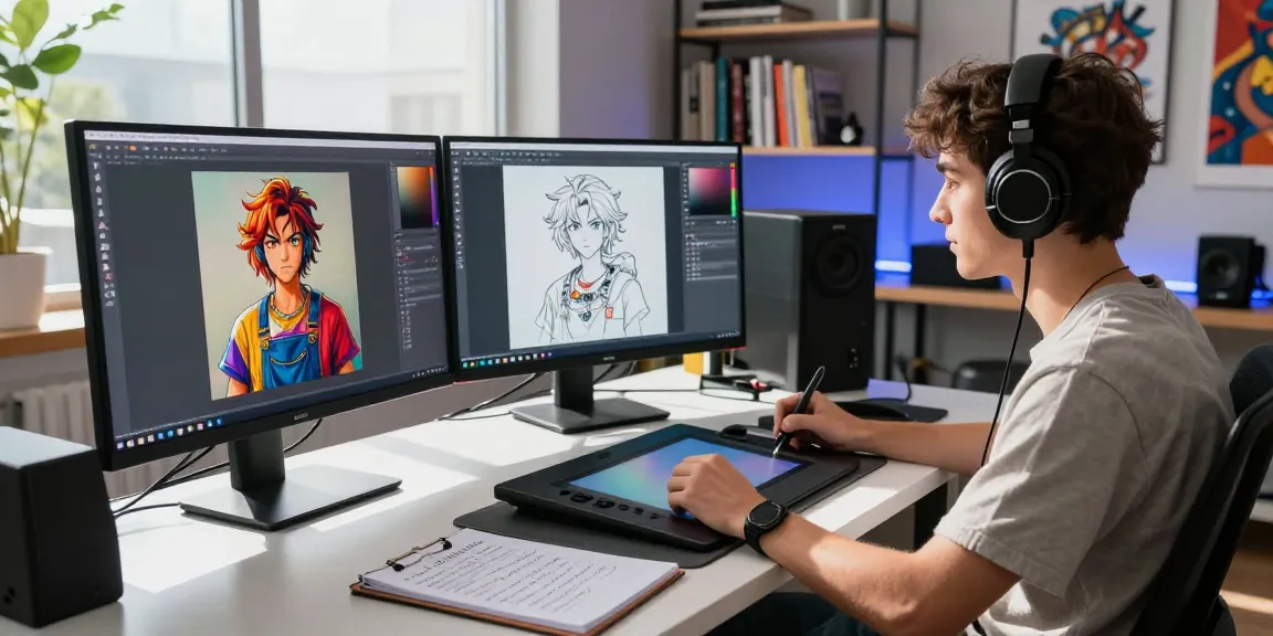 Creative NSFW AI digital art studio with artist designing vibrant characters and artwork.