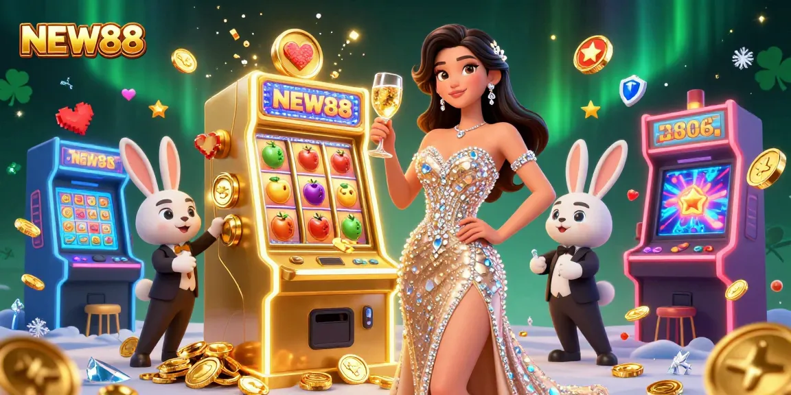Celebrate winnings at NEW88 with vibrant slot machines and a glamorous casino atmosphere.