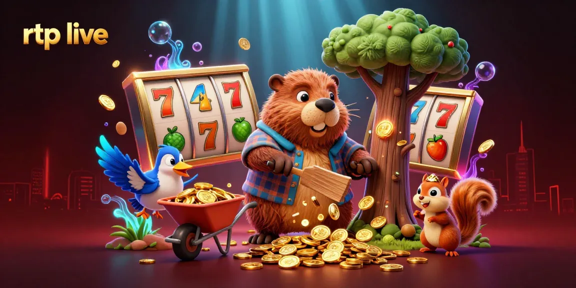 Spin the slots with rtp live as a lumberjack beaver collects golden coins in a vibrant casino scene.