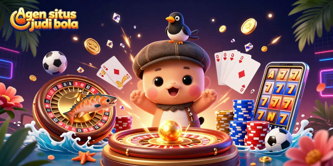 A colorful scene showcasing "agen situs judi bola" with cartoon Nessie, and a magpie amidst golden coins and sports elements.