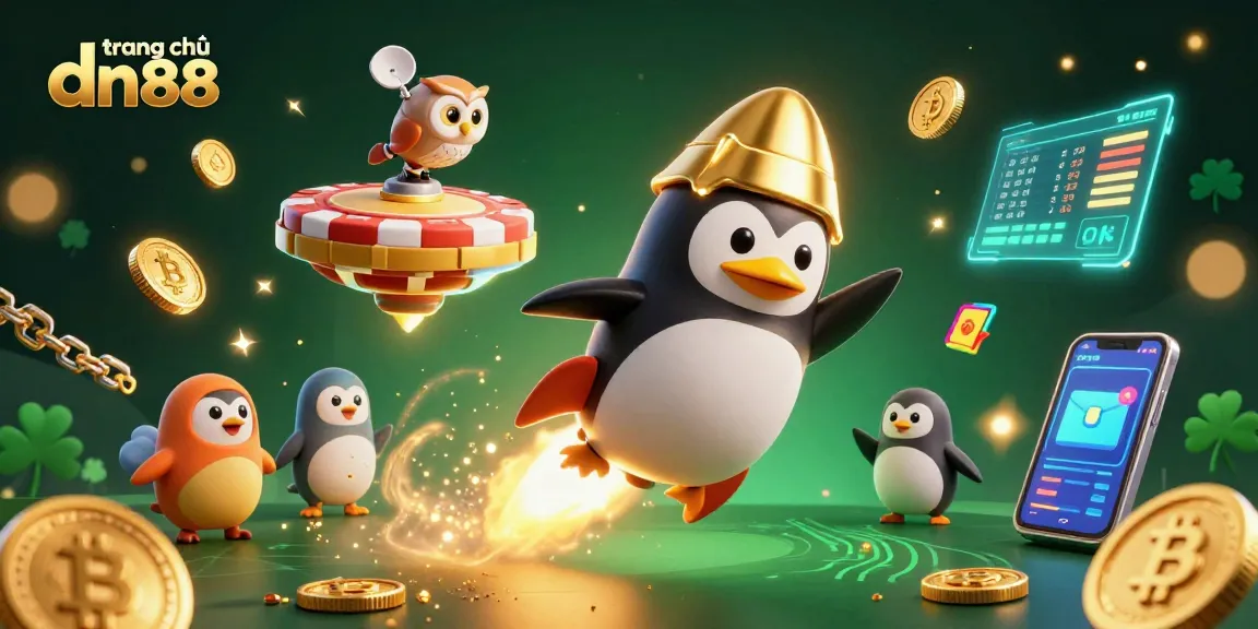 Experience the excitement of trang chủ dn88 with exhilarating gameplay featuring a golden penguin navigating a casino-themed universe.