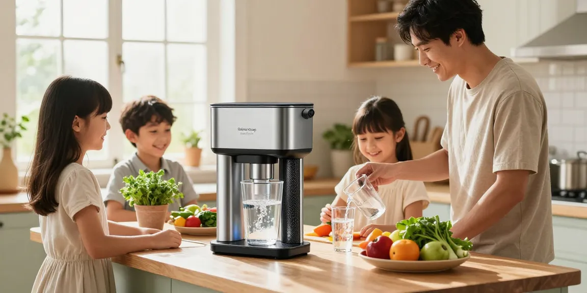 Waterdrop Gravity-fed Water Filter System featured in a cozy kitchen during family gathering, showcasing clean, fresh water.