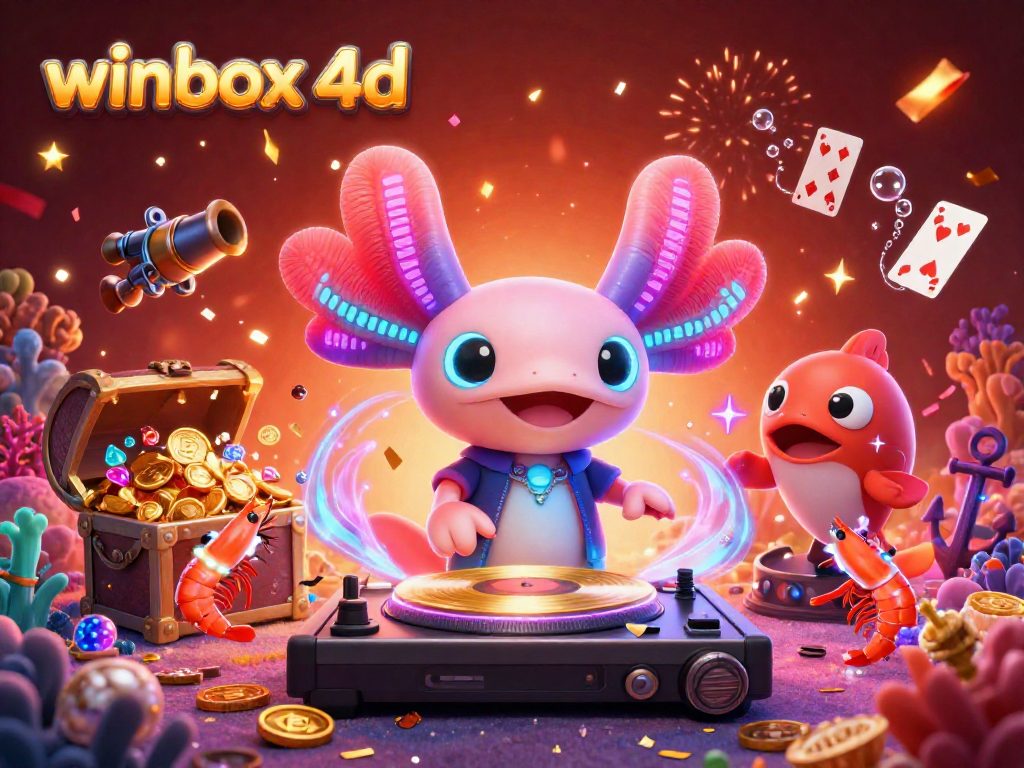 Experience the excitement of winbox 4d with a vibrant underwater DJ scene showcasing lively characters and treasure.