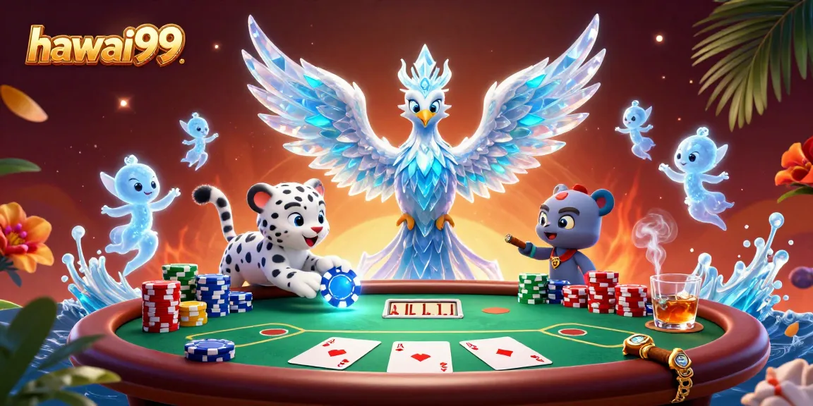 Experience the magic of hawai99 with a vibrant 3D casino scene showcasing colorful poker chips and captivating characters.