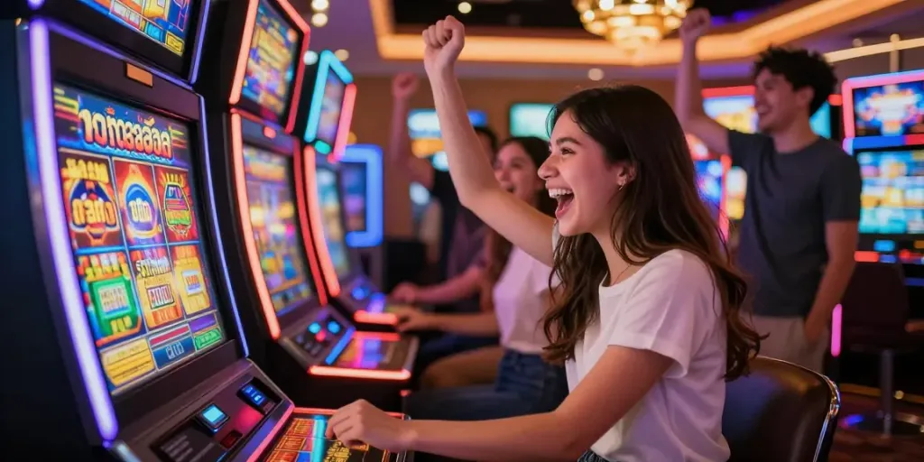 Excited gamer enjoying ทดลองสล็อต at vibrant casino, friends celebrating around her.